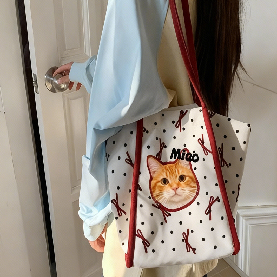 Custom Cat Portrait Canvas Tote | Personalized Cat Shoulder Bag | Pet Lover Gift