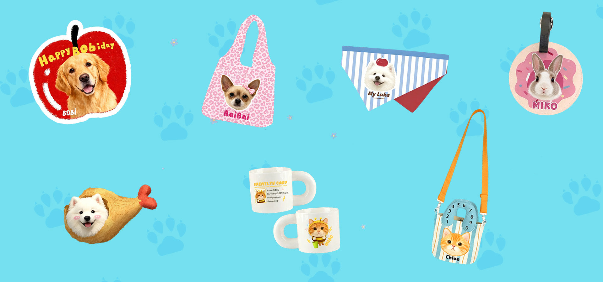 Custom pet photo gifts on a blue background including tote bags, mugs, bandanas and accessories with pet faces