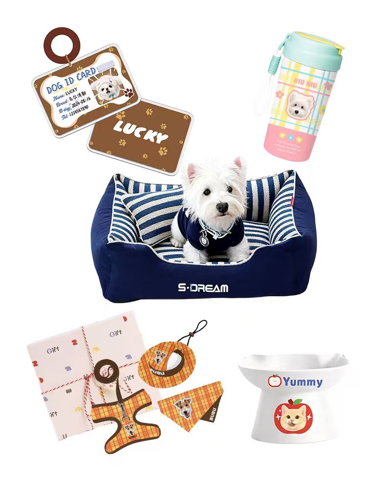 Custom pet products including a personalised dog bed, drink cup and accessories printed with cute pet photos