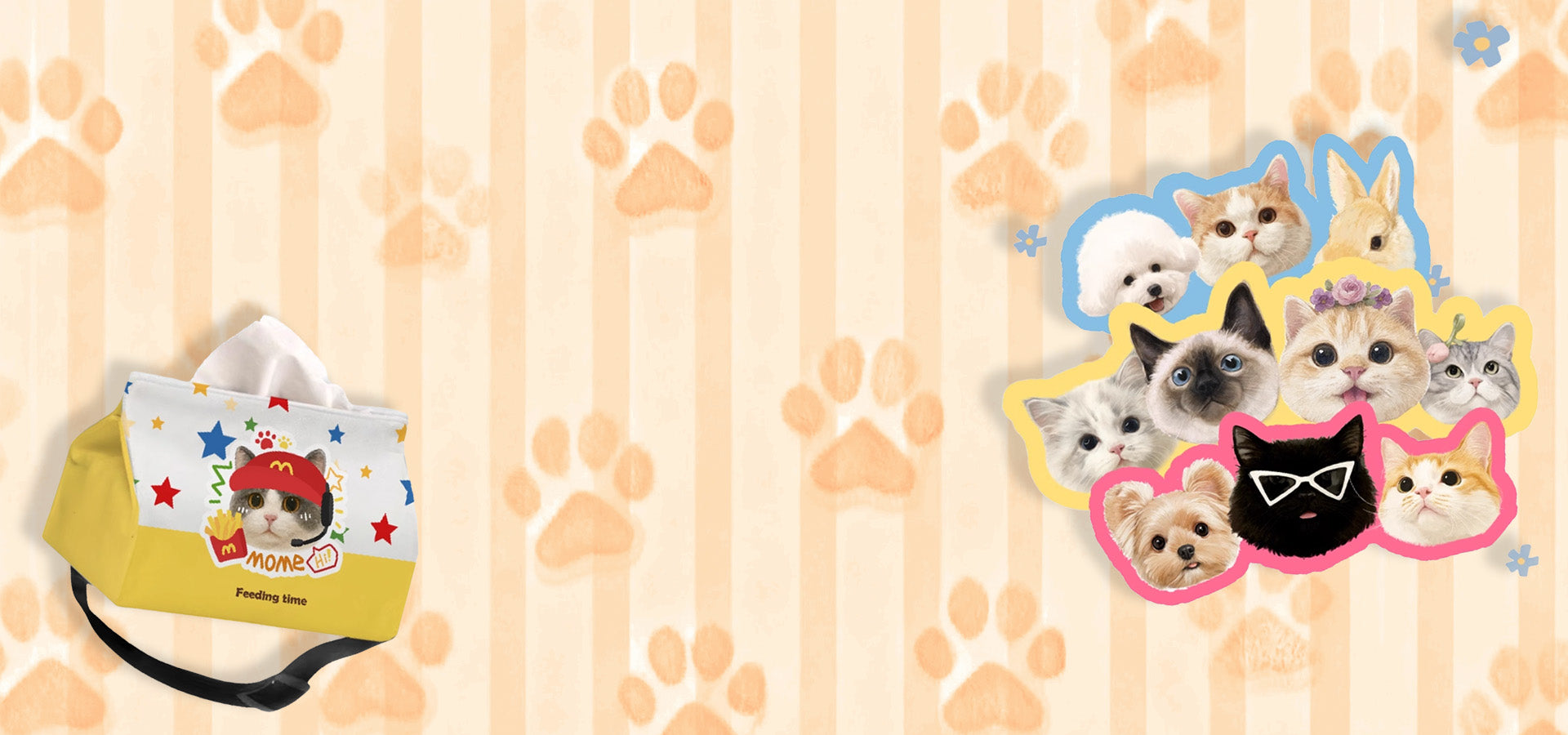 Custom pet tissue bag and collage of dog and cat faces on a paw print background promoting personalised pet products