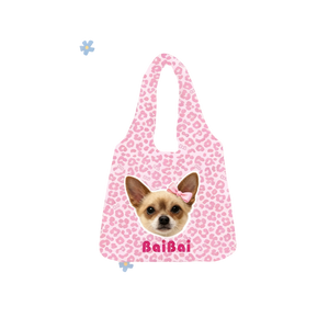 Pink leopard print tote bag customised with a small dog photo and the name Baibai