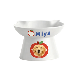 Raised white pet bowl customised with a golden retriever photo and the pet name Miya