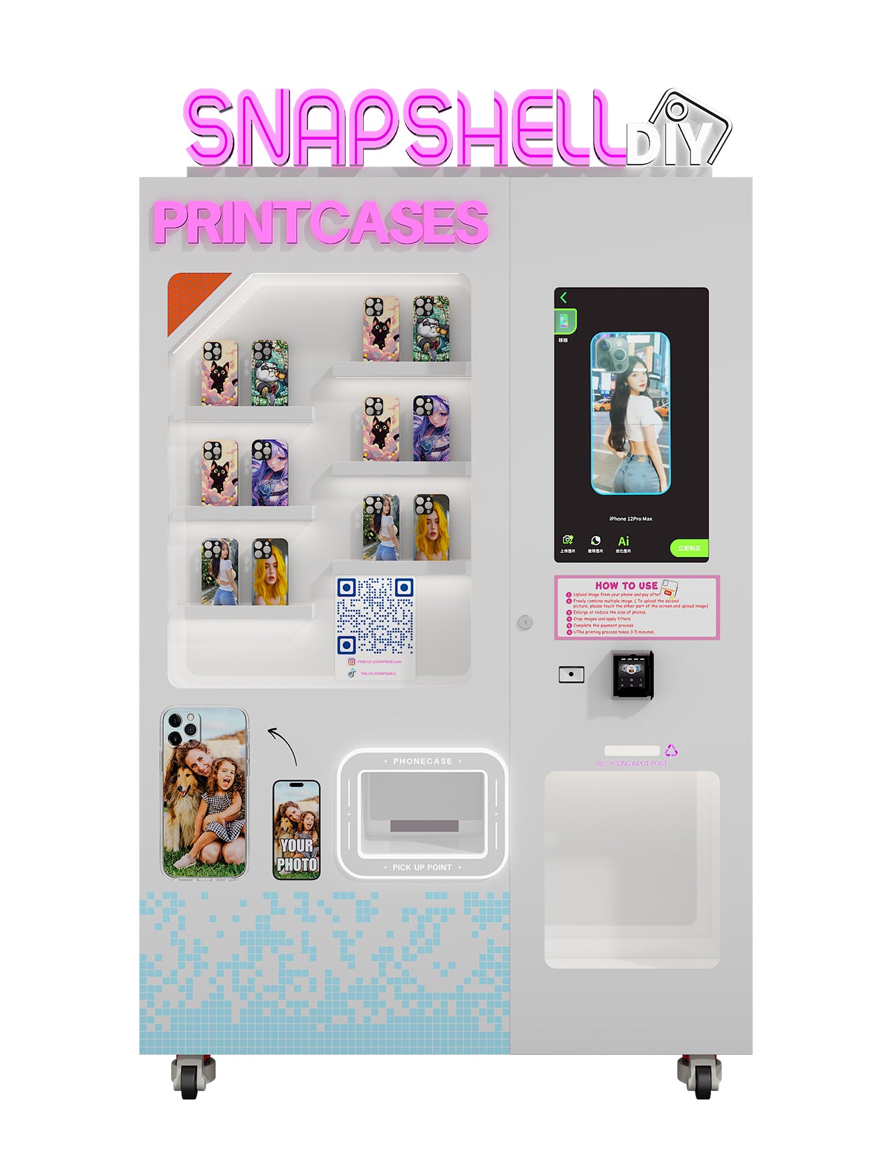 SnapShell DIY custom phone case vending machine displaying printed cases and a touchscreen design screen