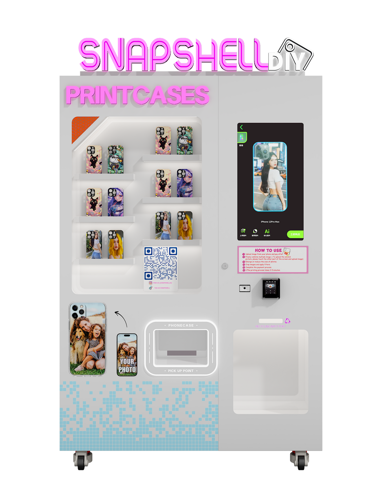 SnapShell DIY custom phone case vending machine displaying printed cases and a touchscreen design screen