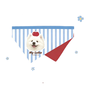 Striped blue pet bandana personalised with a white dog photo and the text My Luka